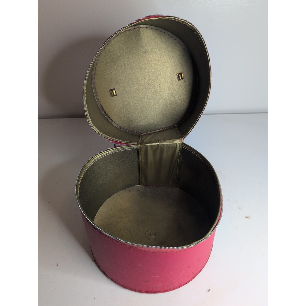 Vintage 1960's Red Swift Hat Box With Handle Gold Lining Zipper